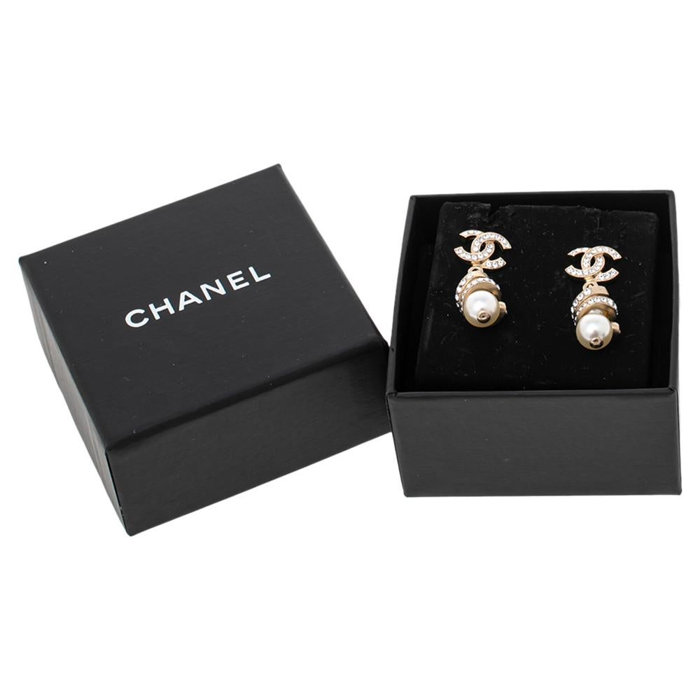 Contemporary Chanel Gold Tone Crystal CC Pearl Drop Earrings