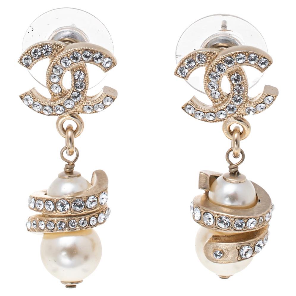 Chanel Gold Tone Crystal CC Pearl Drop Earrings