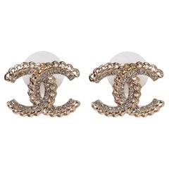 Chanel Gold Tone Crystal Chain CC Stud Earrings
