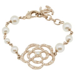 Chanel Gold Tone Crystals Camellia Charm Bracelet