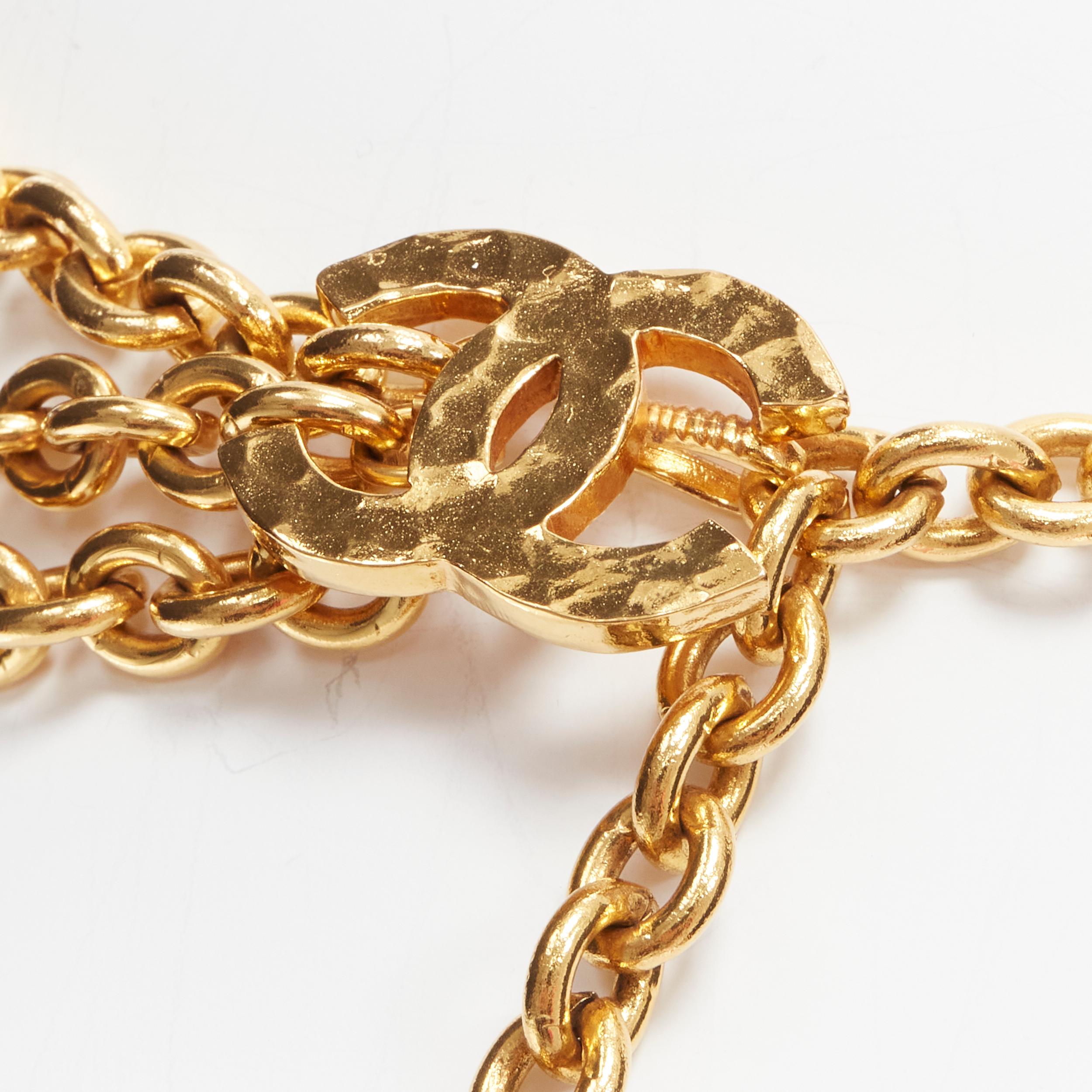 CHANEL gold tone double textured CC interlock logo triple chain belt 3