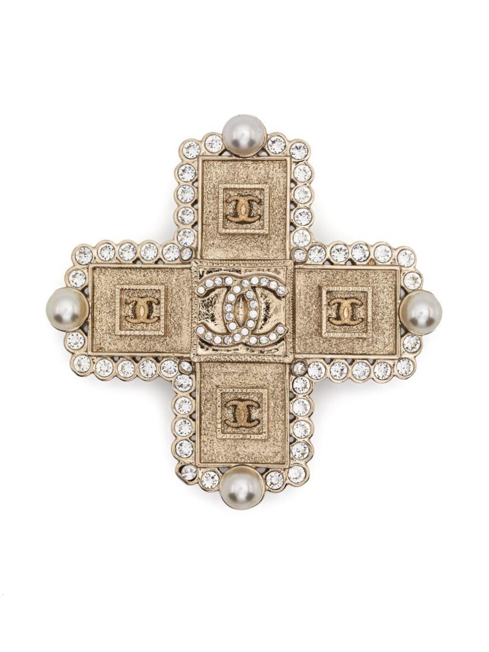 Chanel Gold Tone Embellished Cross Brooch For Sale 1