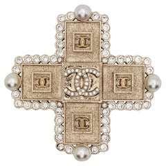 Chanel Gold Tone Embellished Cross Brooch