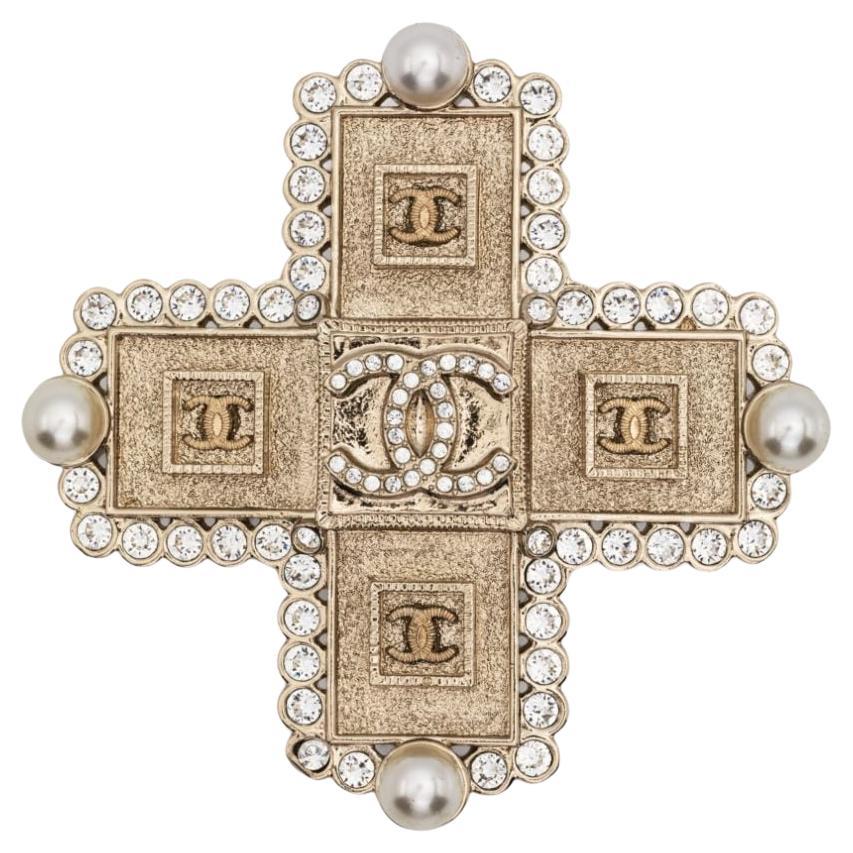 Chanel Gold Tone Embellished Cross Brooch For Sale