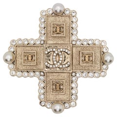 Chanel Gold Tone Embellished Cross Brooch