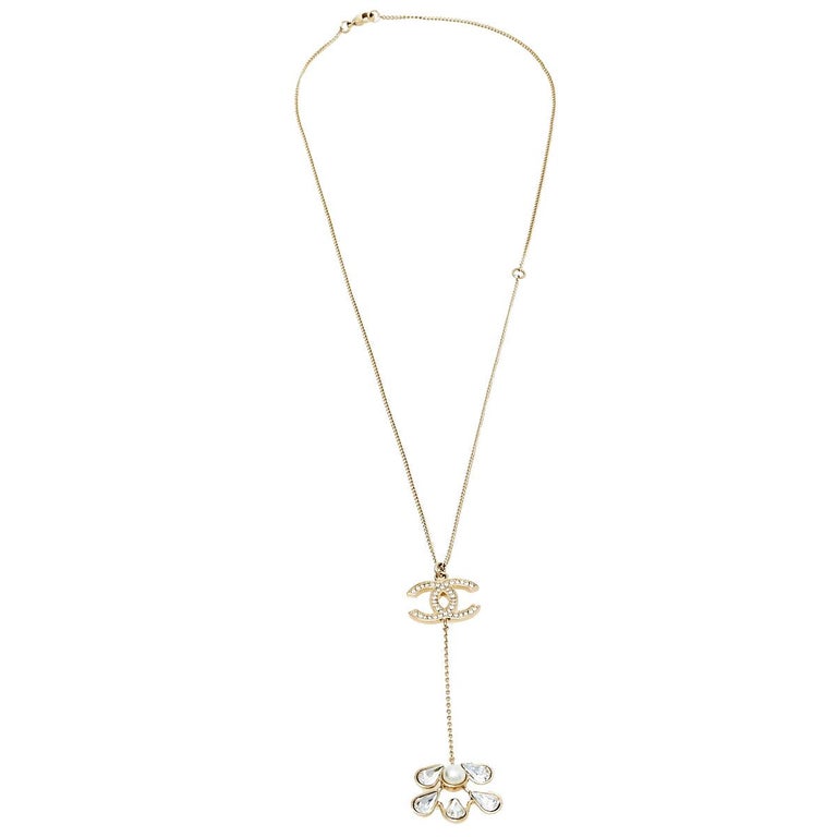 Chanel Gold Tone Faux Pearl and Crystal CC Drop Necklace at 1stDibs