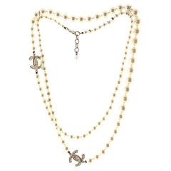 Chanel Gold-tone Faux Pearls and Crystal Embellished Metal CC Long Necklace
