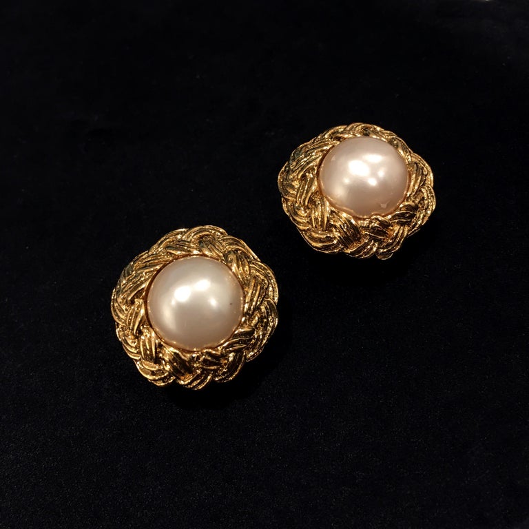 Chanel Gold Tone Gilt Metal Ribbon Braid Faux Pearl Clip Earrings, 1993