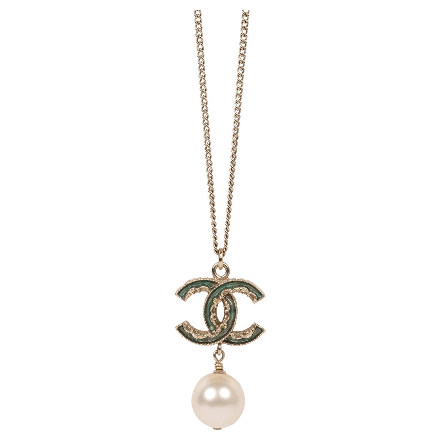 Chanel Gold Tone Green Enamel CC Faux Pearl Drop Necklace