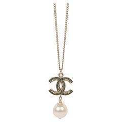 Chanel Gold Tone Green Enamel CC Faux Pearl Drop Necklace