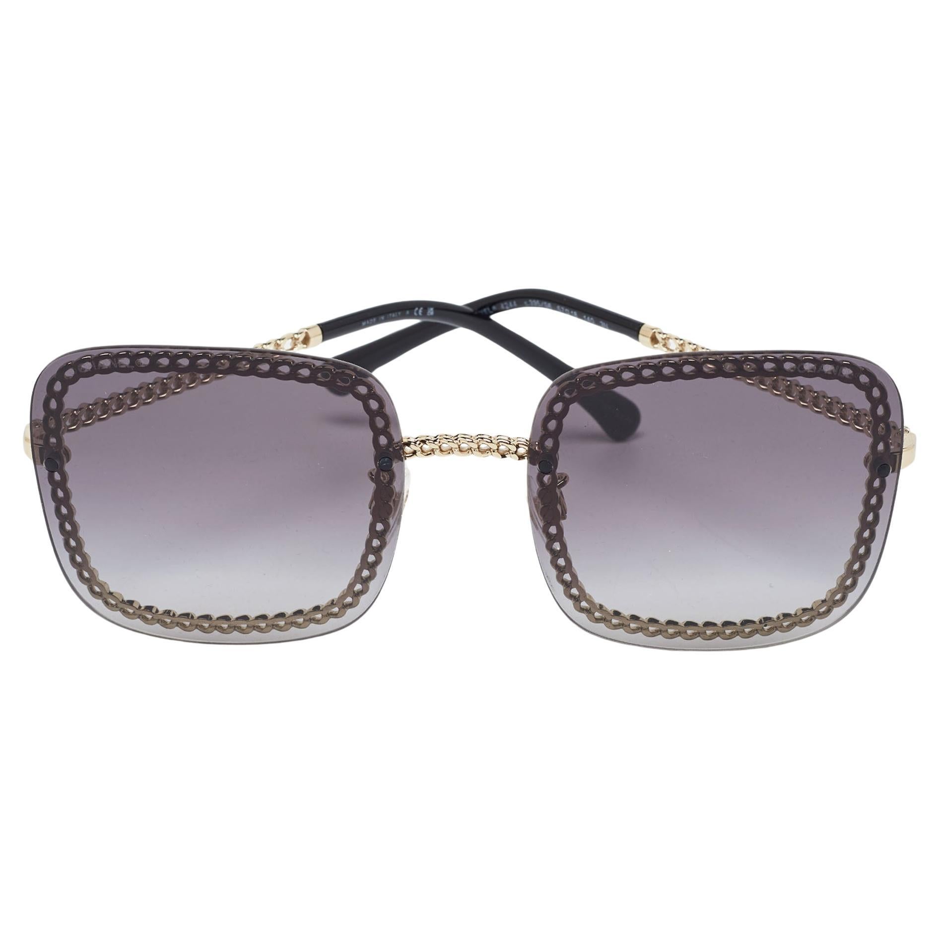 Chanel Gold Tone/Grey Gradient Chain Detail 4244 Square Sunglasses For Sale