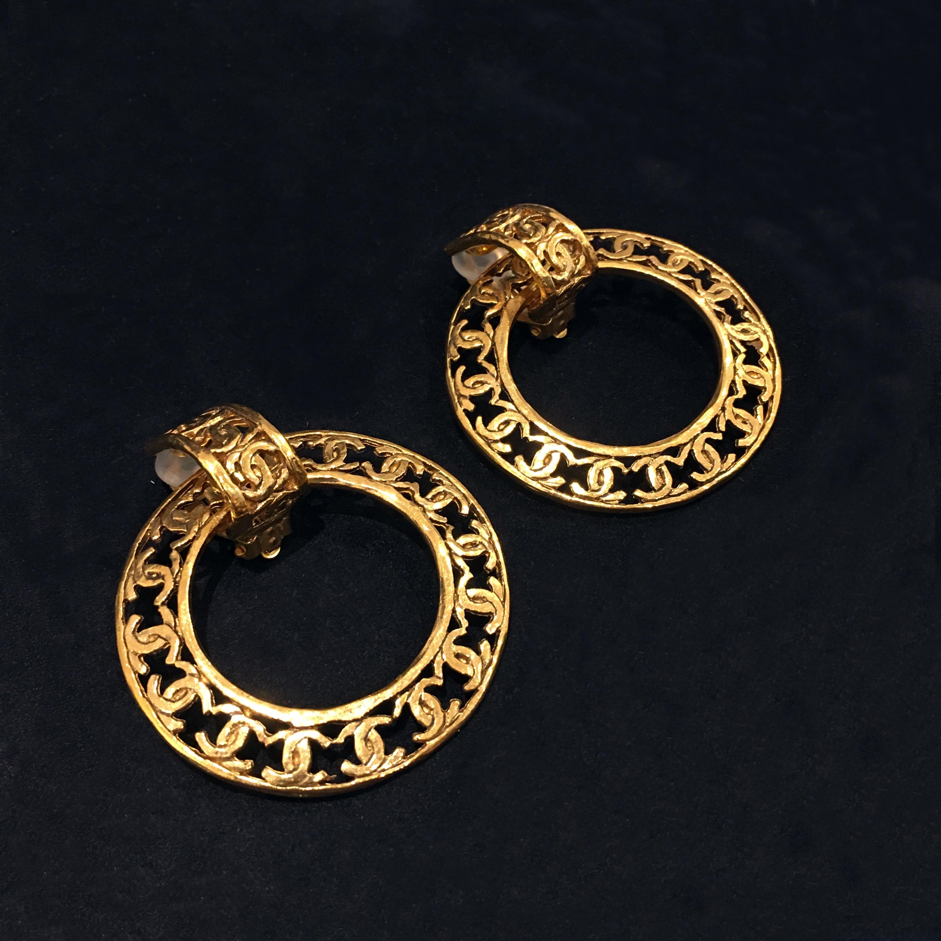 Women's Chanel Gold Tone Large Hoop CC Logo Two Way Use Clip Earrings, 1986 / 1988