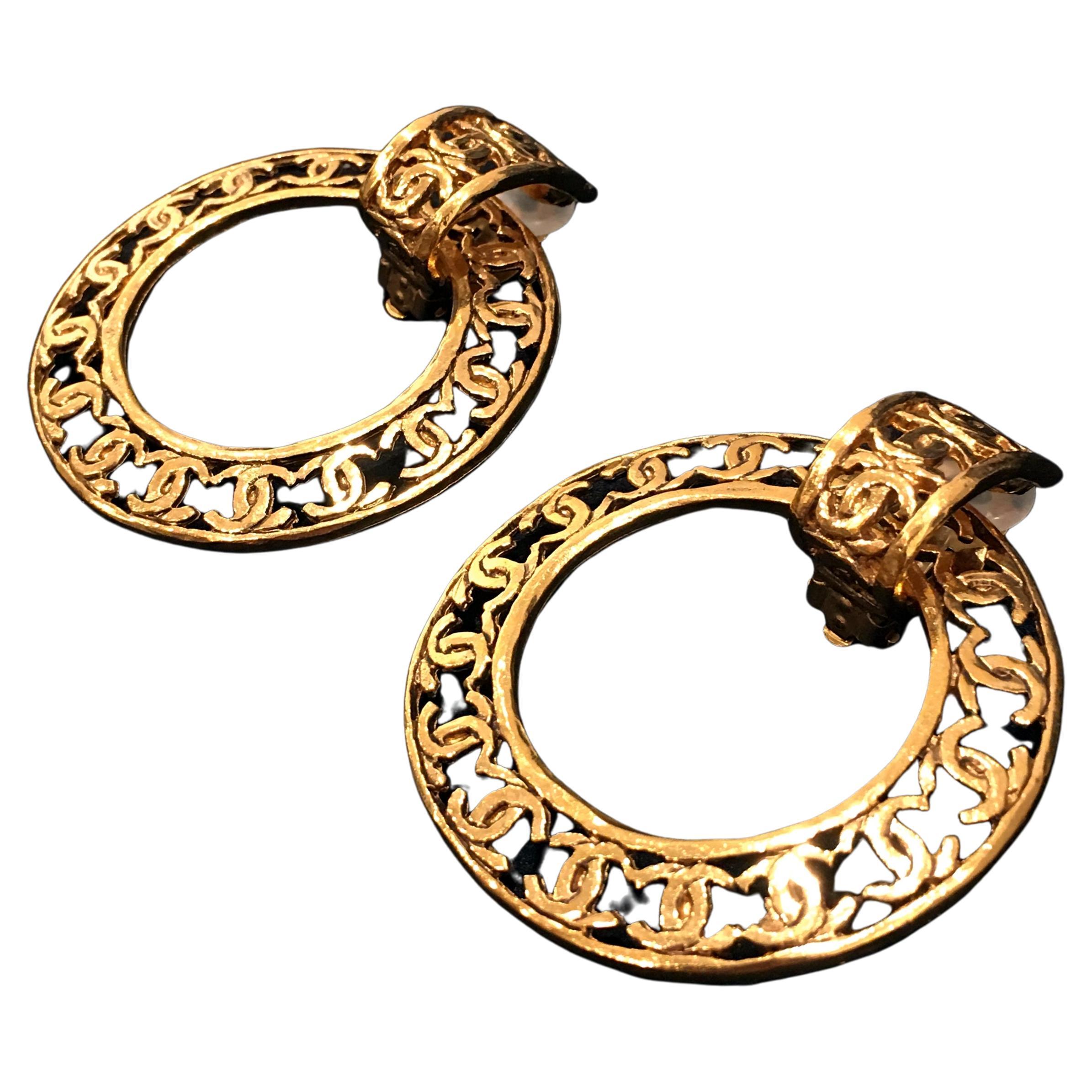 Chanel Gold Tone Large Hoop CC Logo Two Way Use Clip Earrings