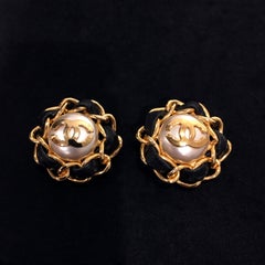 Chanel Gold Tone & Leather Custom Faux Pearl CC Logo Clip Earrings, 1980's
