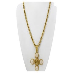 Chanel Gold-Tone Meta CC Cross Faux Pearl Pendant Necklace