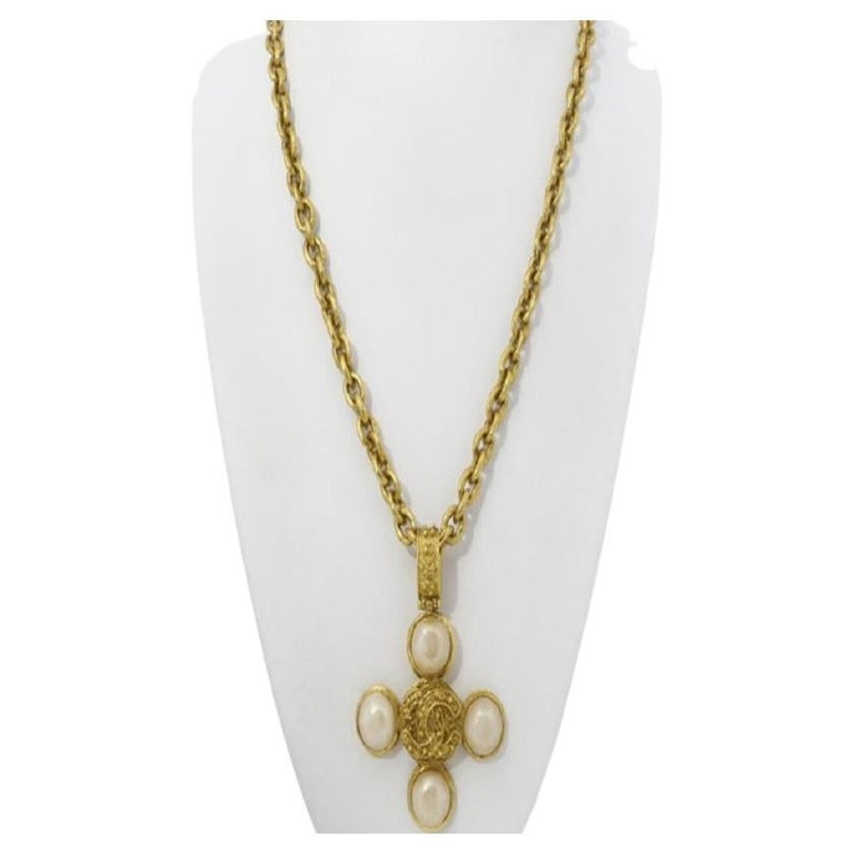 Chanel Gold-Tone Meta CC Cross Faux Pearl Pendant Necklace
