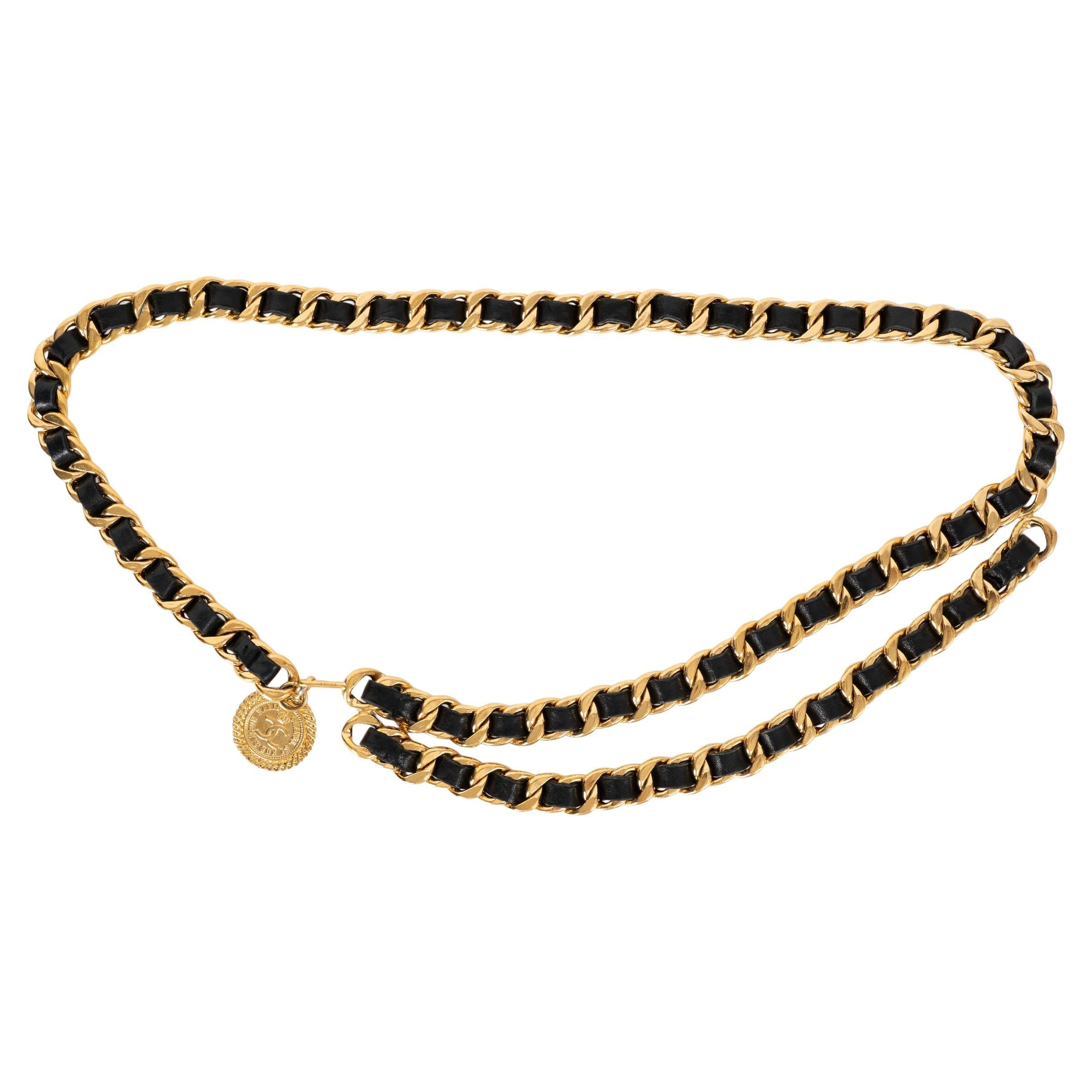 CHANEL gold-tone metal 1990s LEATHER INTERWOVEN CHAIN Belt OZ For Sale