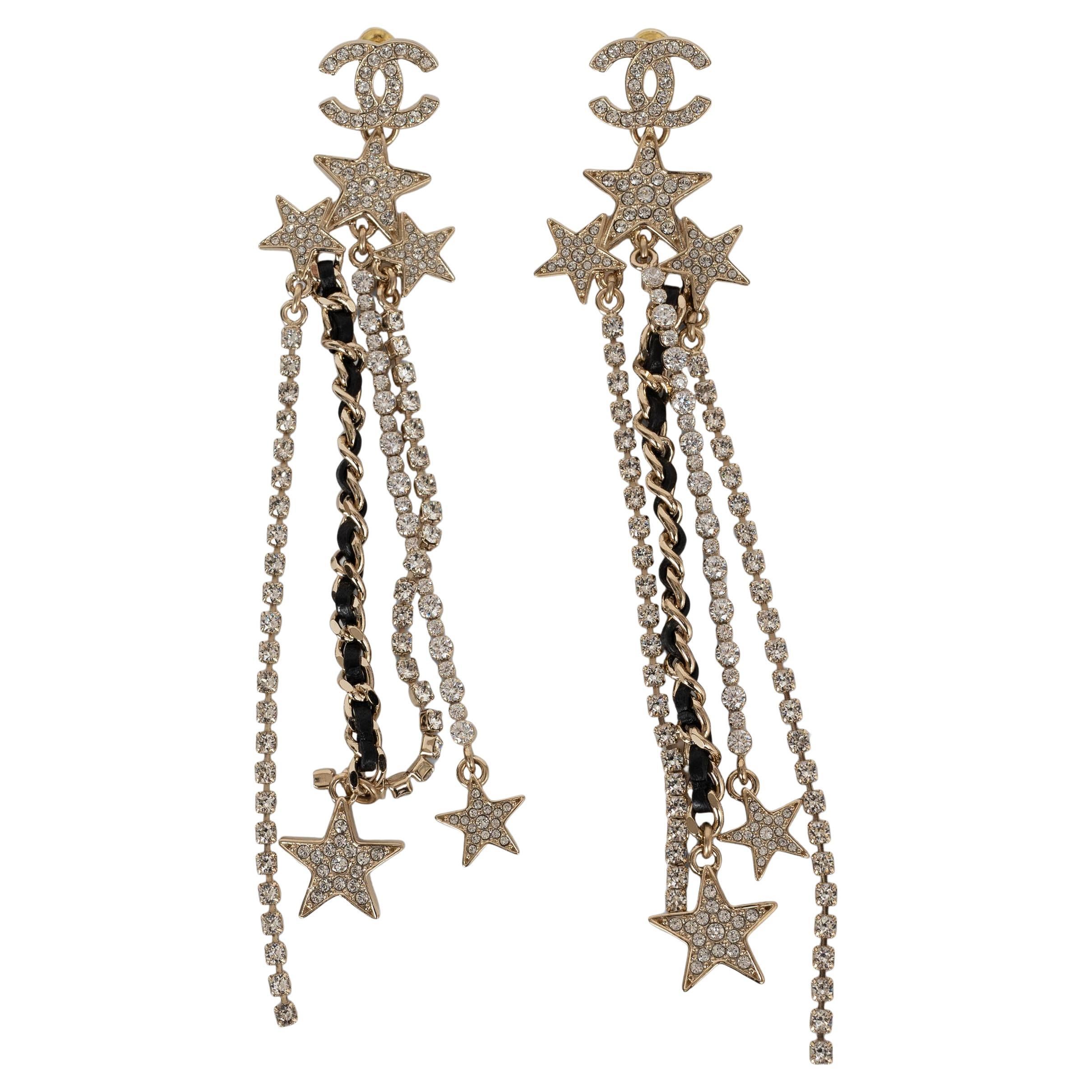 CHANEL gold-tone metal 23C MONTE CARLO CRYSTAL CHAIN Earrings For Sale