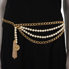 CHANEL gold-tone metal 90P PEARL TASSEL CHAIN Belt OZ