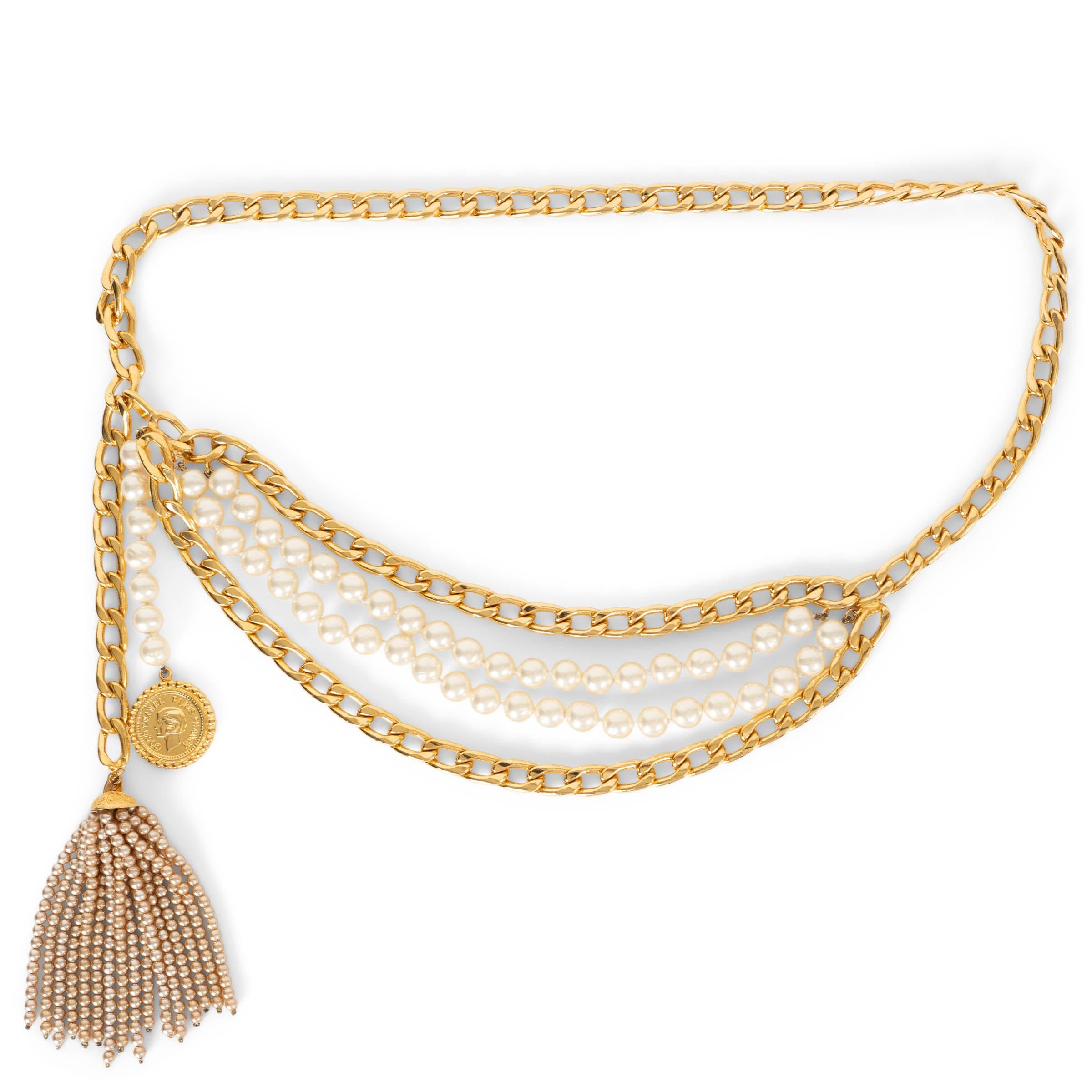 CHANEL gold-tone metal 90P PEARL TASSEL CHAIN Belt OZ For Sale