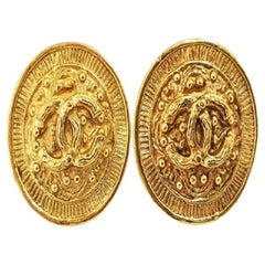 Chanel Gold-Tone Metal CC Arabesque Logo Round Clip-On Earrings