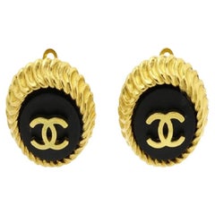 Chanel Gold-tone Metal CC Black Enamel Logo Clip-on Earrings