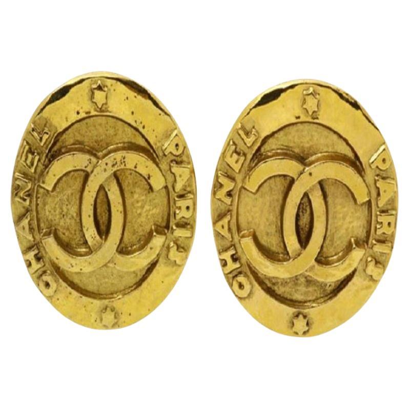 Chanel Gold-Tone Metal CC Paris Logo Button Clip-On Earrings For