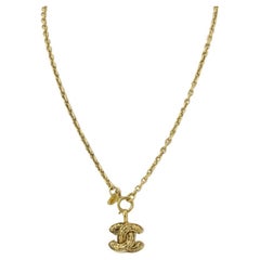 Chanel Gold-tone Metal CC Quilted Logo Pendant Necklace