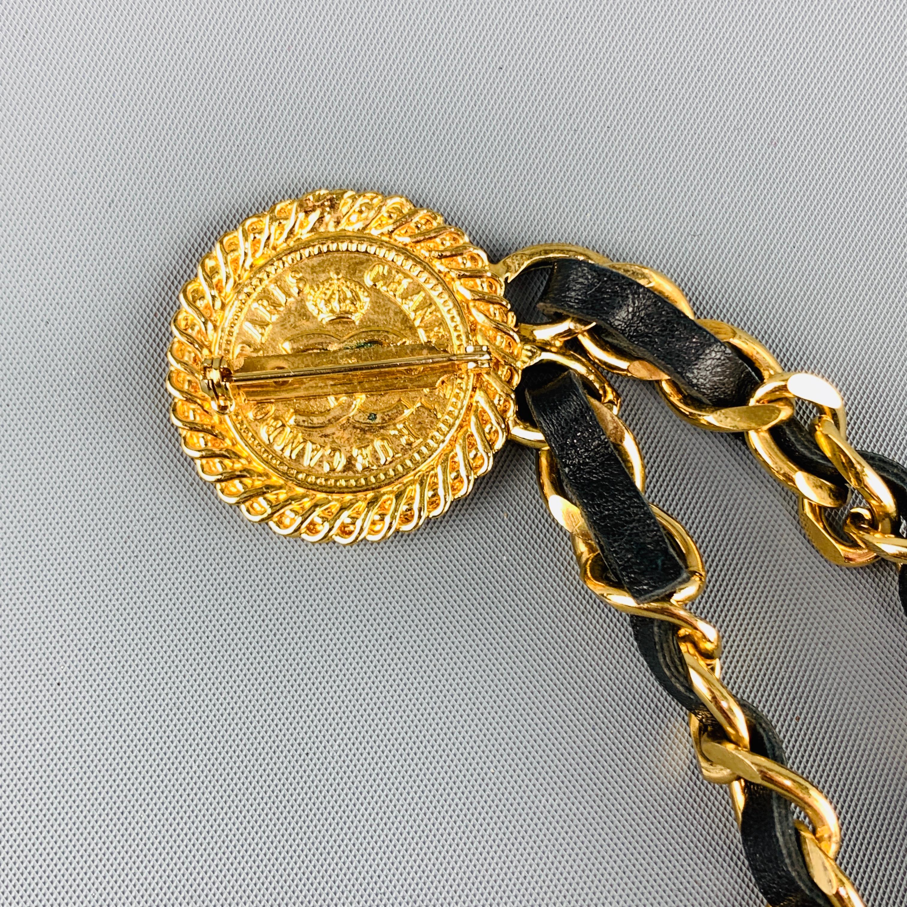 CHANEL Gold Tone Metal Leather Chain Triple 3 Pin Chatelaine Brooch - Season 28 5
