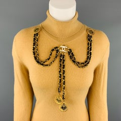 CHANEL Gold Tone Metal Leather Chain Triple 3 Pin Chatelaine Brooch - Season 28
