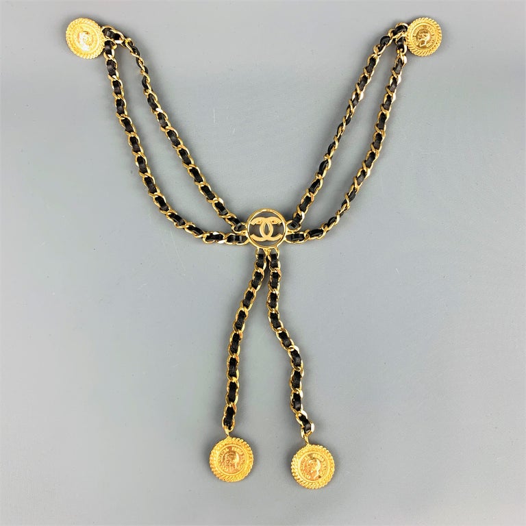CHANEL Gold Tone Metal Leather Chain Triple 3 Pin Chatelaine Brooch ...