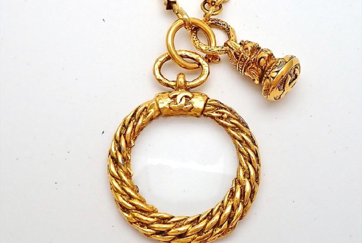 Beige Chanel Gold-tone Metal Loupe Round Braid Magnifying Glass Chain Necklace