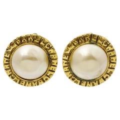 Chanel Gold-Tone Metal Round Faux Pearl Logo Clip-On Earrings