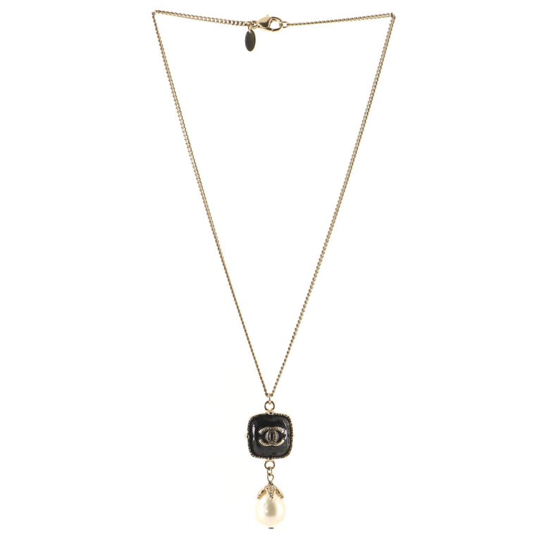 Chanel Gold-Tone Metal with Enamel and Faux Pearl Drop CC Pendant