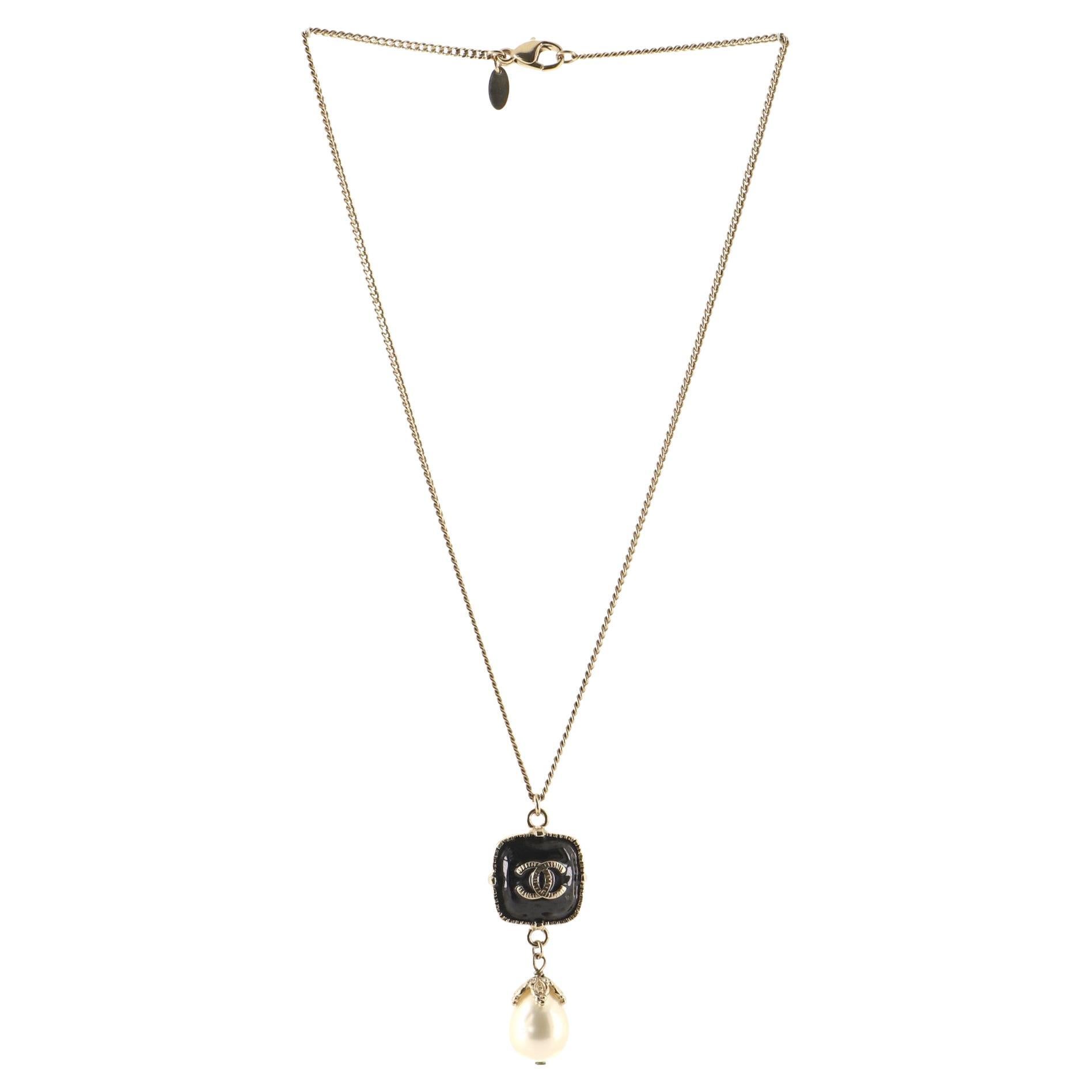 Chanel Gunmetal CC Crystal Pearl Dangle Stone Necklace