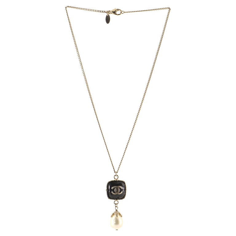 Chanel Gold-Tone Metal with Enamel and Faux Pearl Drop CC Pendant Necklace  For Sale at 1stDibs