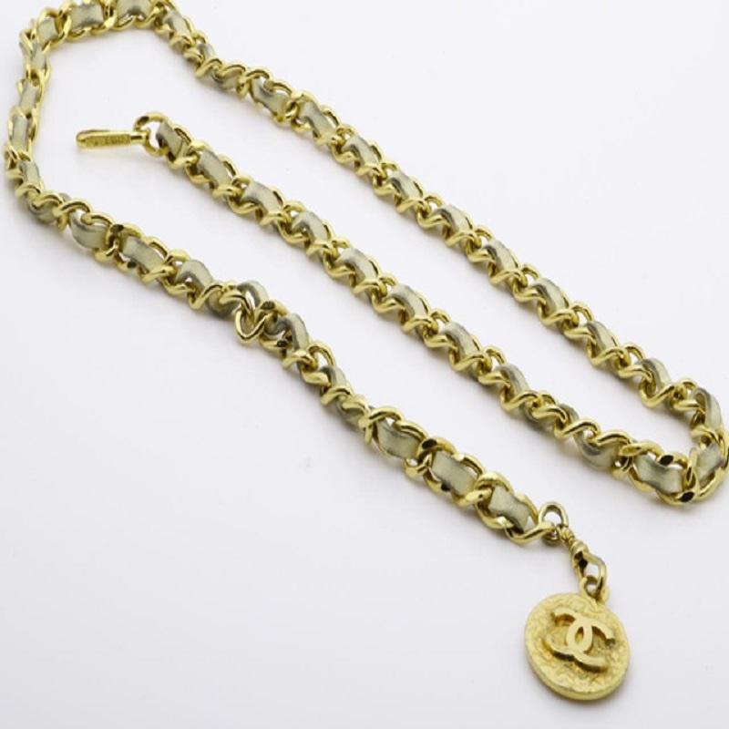Chanel GoldTone Metal Woven Chain and Beige Leather CC Charm Belt at