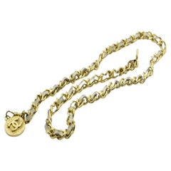 Chanel Gold-Tone Metal Woven Chain and Beige Leather CC Charm Belt
