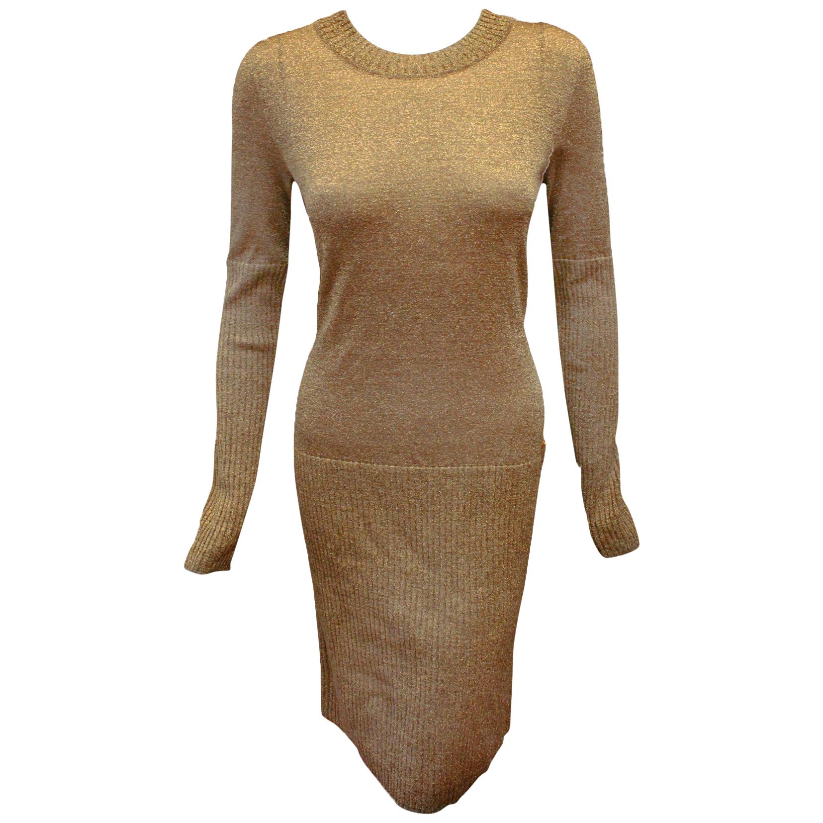 Chanel Gold Tone Metallic Long Sleeve Fall 2009 Runway Sweater Dress  For Sale