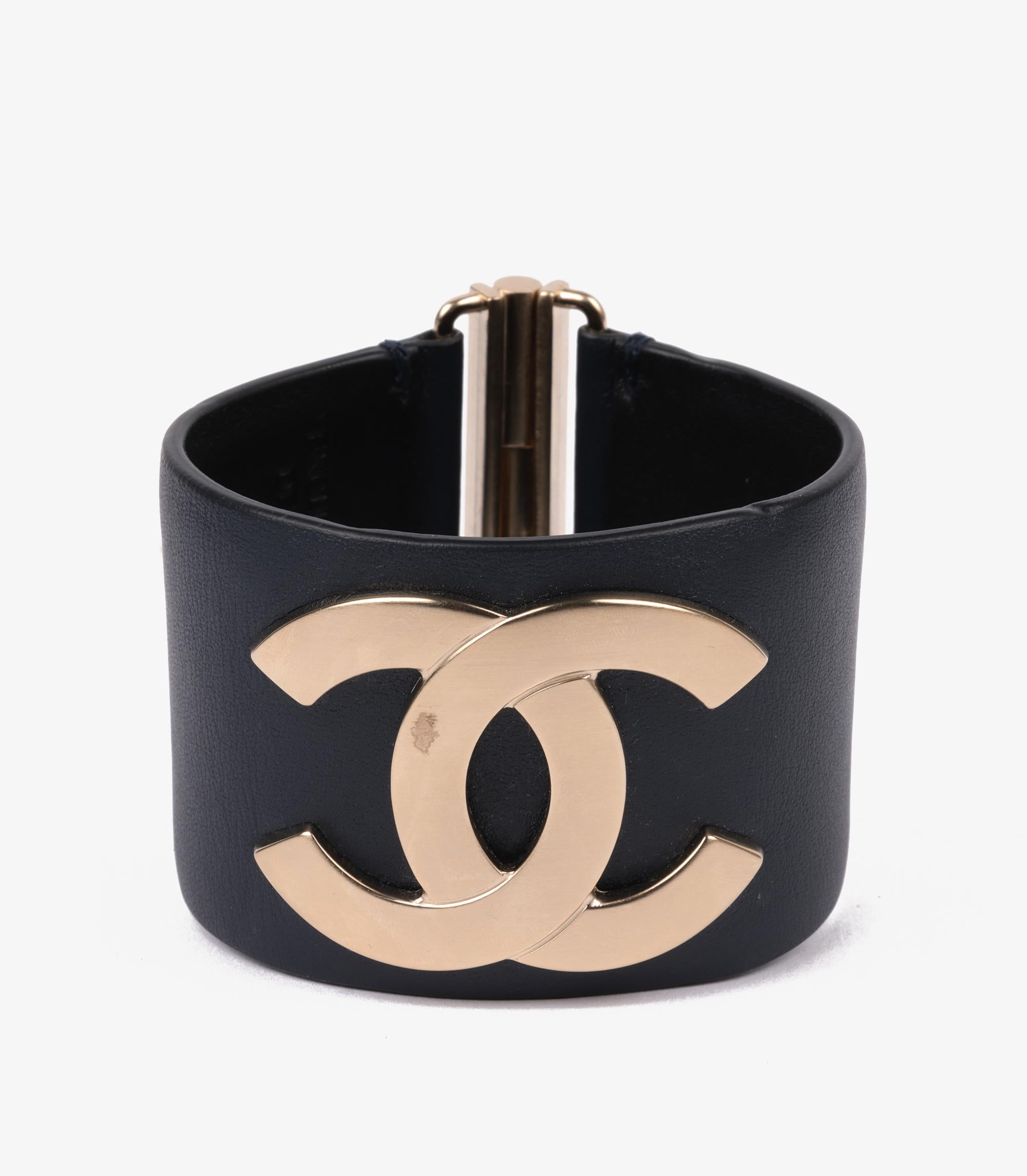 Chanel Gold Tone Navy Lambskin Leather CC Bracelet In Good Condition In Bishop's Stortford, Hertfordshire