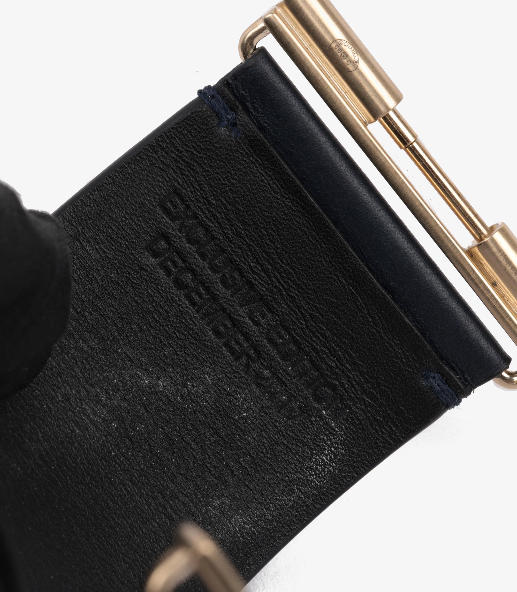Women's Chanel Gold Tone Navy Lambskin Leather CC Bracelet