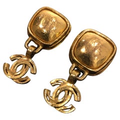 Chanel Gold Tone Plated Square Shiny Stone Dangle CC Logo Clip Earrings, 1997