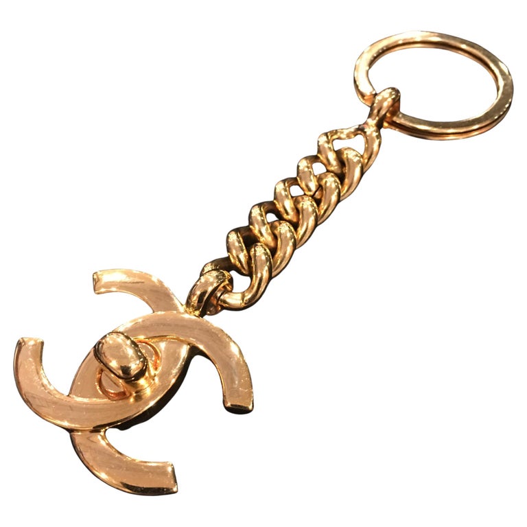 Chanel Gold Tone Plated Turn Lock Large Big Key Chain, 1996