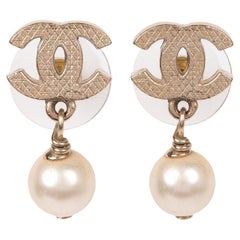 Chanel Gold Tone Quilted Hardware CC Faux Pearl Drop Earrings