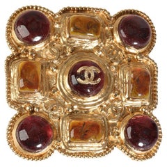 Chanel Gold-tone & Red Gripoix Glass Byzantine Square Brooch
