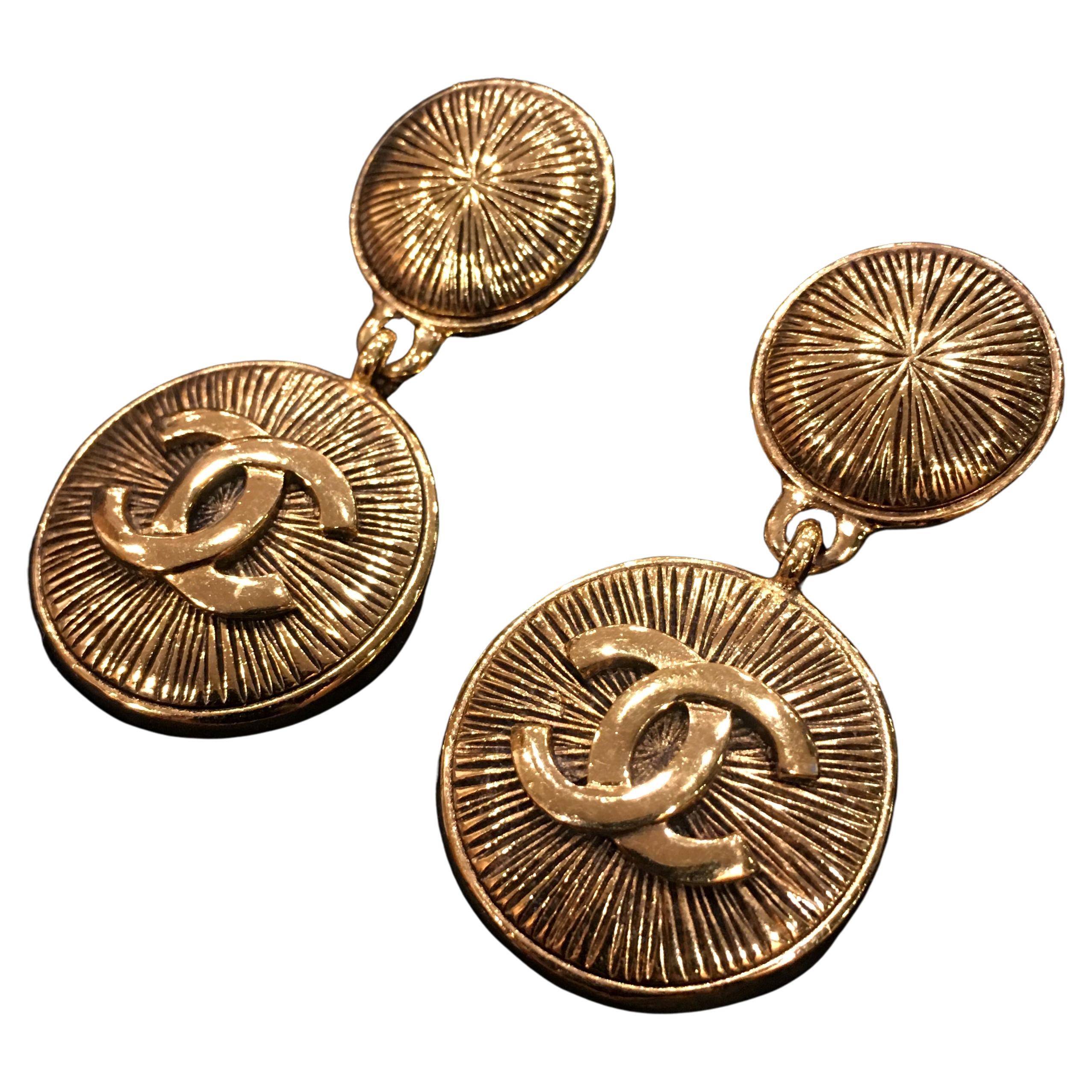 Chanel Gold Tone Round Coin Shape CC Logo Dangle Clip Earrings, 1980's