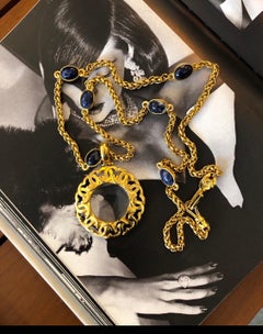 CHANEL Gold Toned Blue Marble Stone Magnifying Lens Chain Necklace