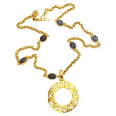 CHANEL Gold Toned Blue Marble Stone Magnifying Lens Chain Necklace