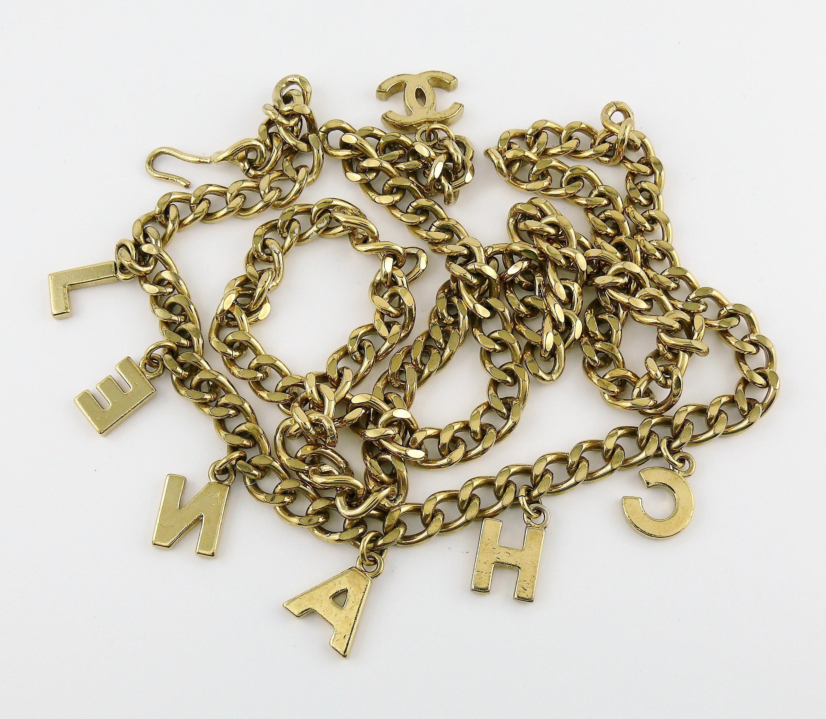 Chanel Gold Toned CC Logo and Letter Charms Chain Belt 5