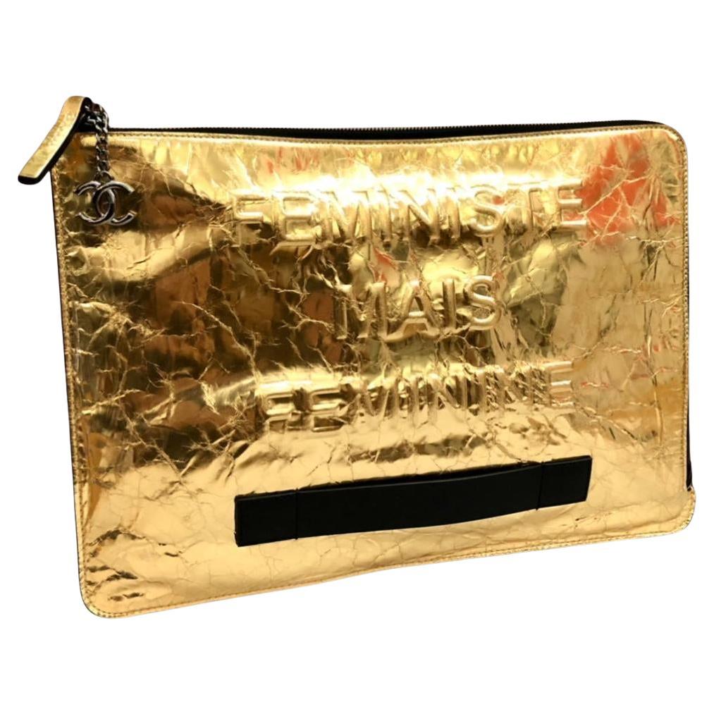 2015 Spring Runway CHANEL Metallic Gold Toned Distressed Leather Clutch Bag  For Sale